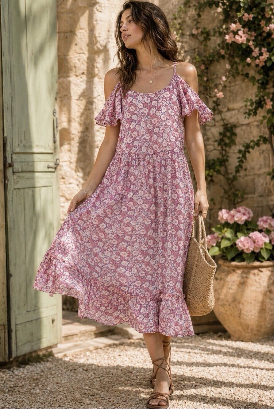 Rebecca Minkhof Flowy Midi Floral Drop Sleeve Tiered Ruffle Boho Romantic Dress